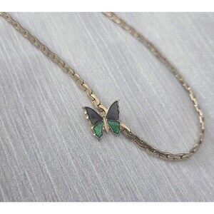 Vintage 70's Gold Tone Collar Choker Necklace Green Enamel Butterfly Pendant